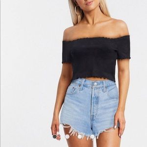 Monki organic cotton off the shoulder jersey top in black
